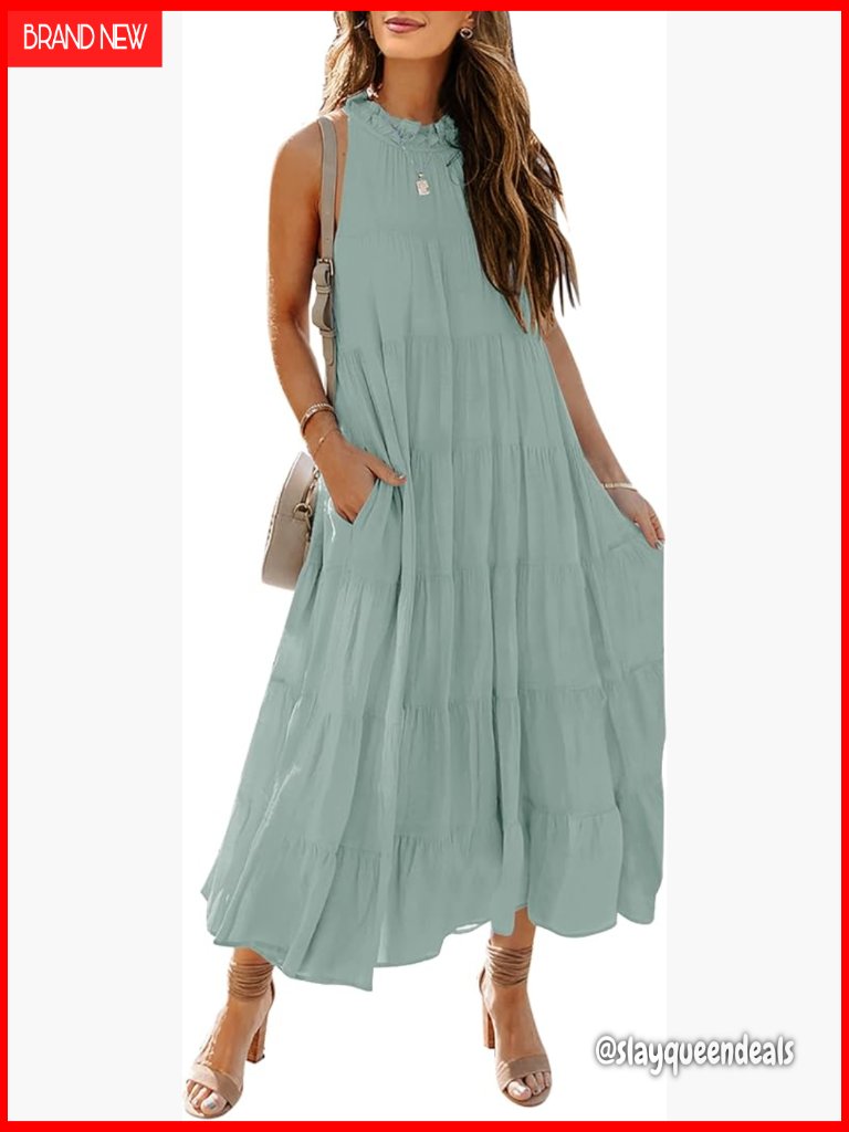 Sleeveless Halter Maxi Dress Loose Fit Tiered Ruffle Summer Beach
